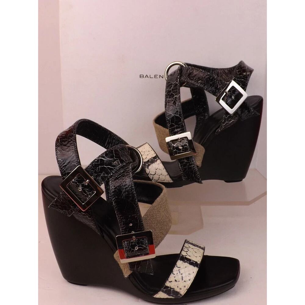 NIB BALENCIAGA BLACK CRACKED SNAKESKIN LEATHER STRAPPY WEDGE SANDALS PUMPS 38 - Picture 7 of 10